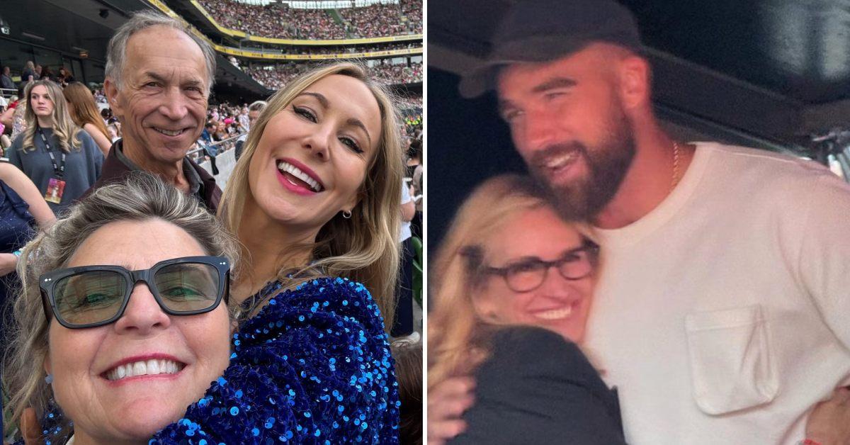 A photo of Nikki Glaser with her parents and a photo of Julia Roberts with Travis Kelce.