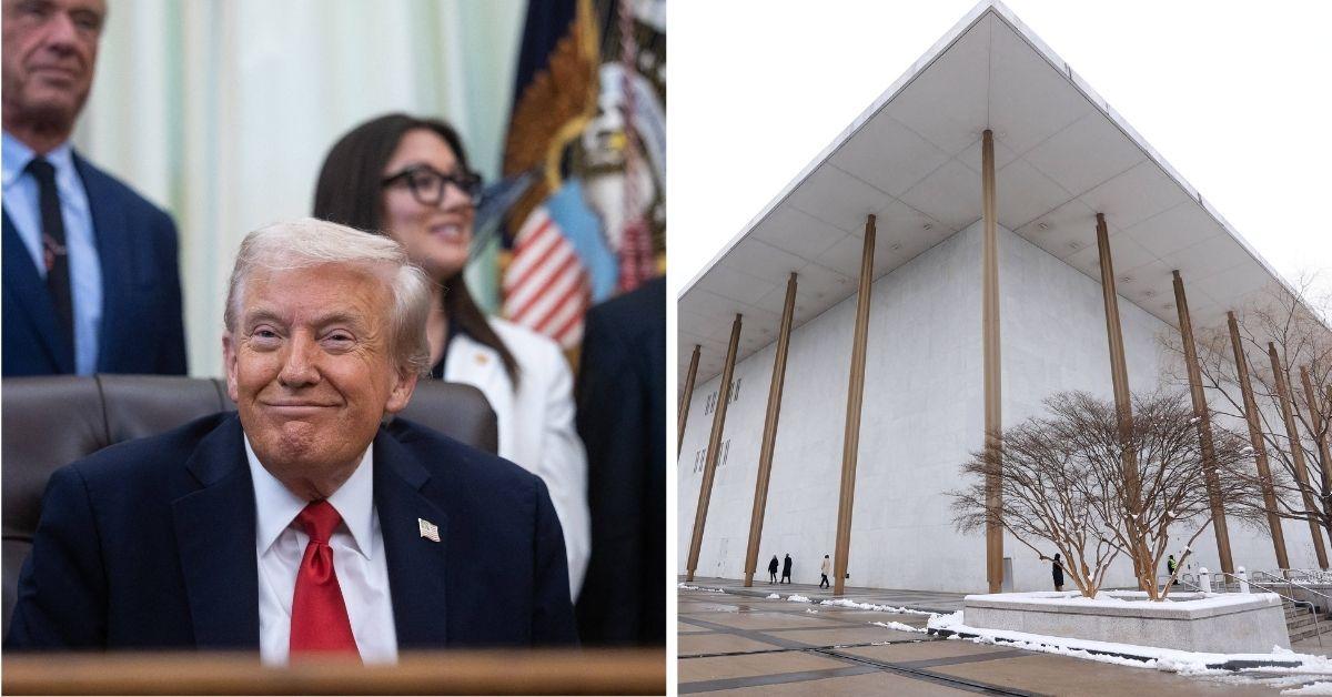 split photo of donald trump and the kennedy center building