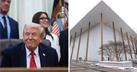 split photo of donald trump and the kennedy center building