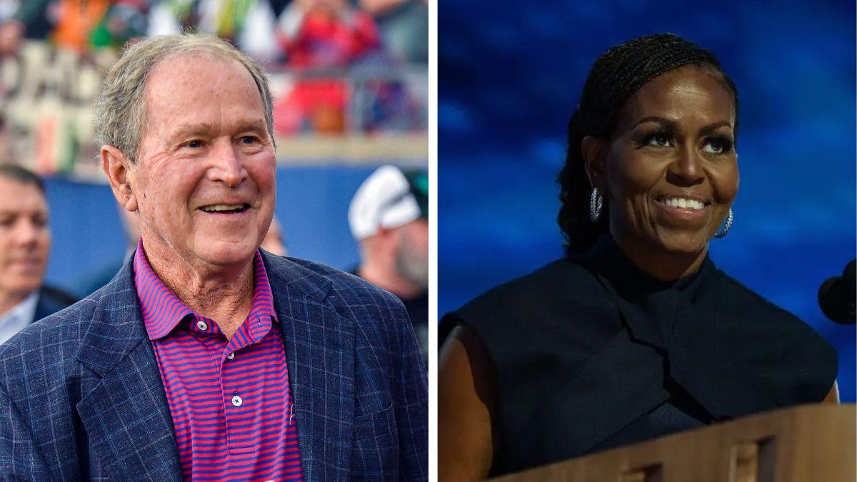 split photo of george w. bush and michelle obama