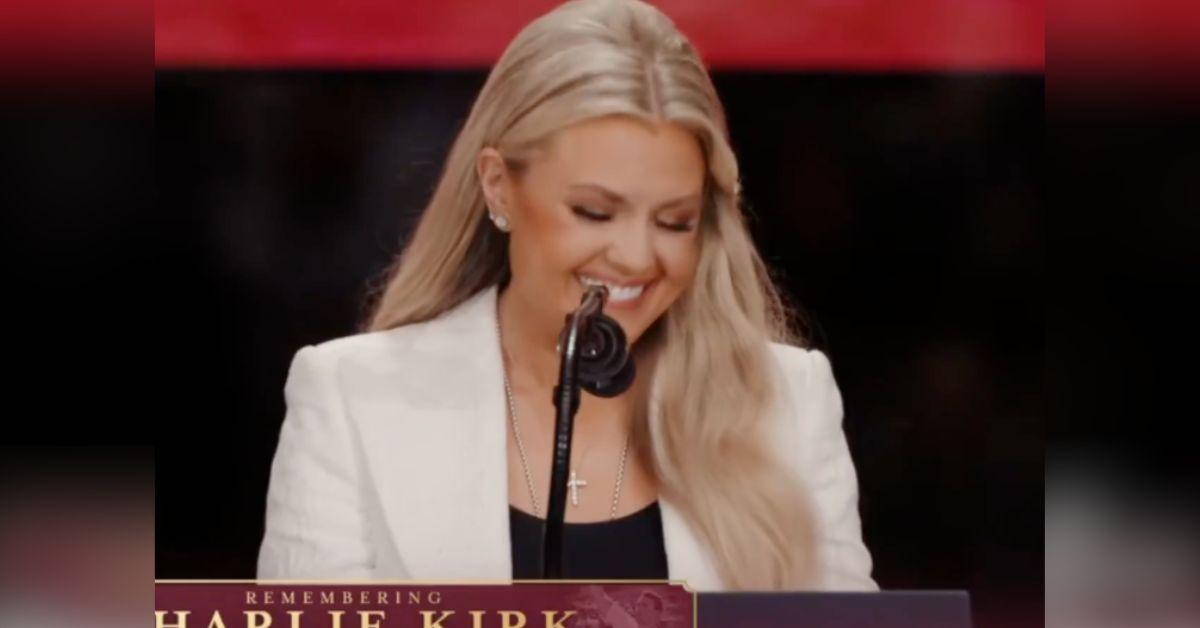image of Erika Kirk spoke at Charlie Kirk's funeral and service on September 21. 