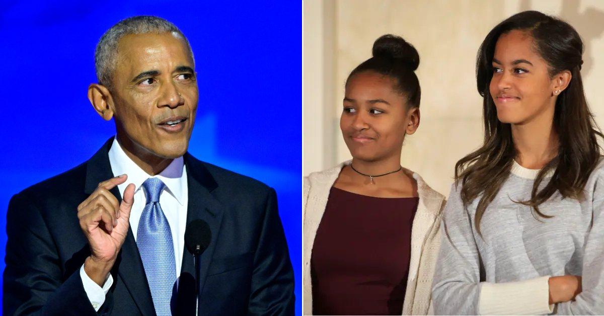 Photo of Barack Obama and an image of his daughters, Sasha and Malia Obama.