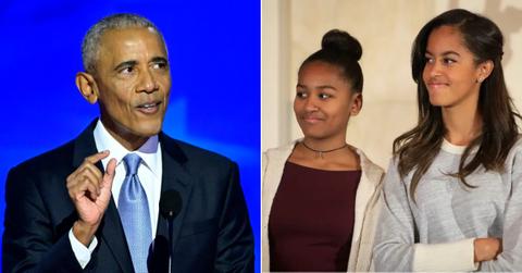 Photo of Barack Obama and an image of his daughters, Sasha and Malia Obama.