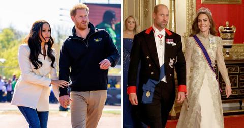 Split photo of Meghan Markle with Prince Harry and Prince William with Princess Kate.