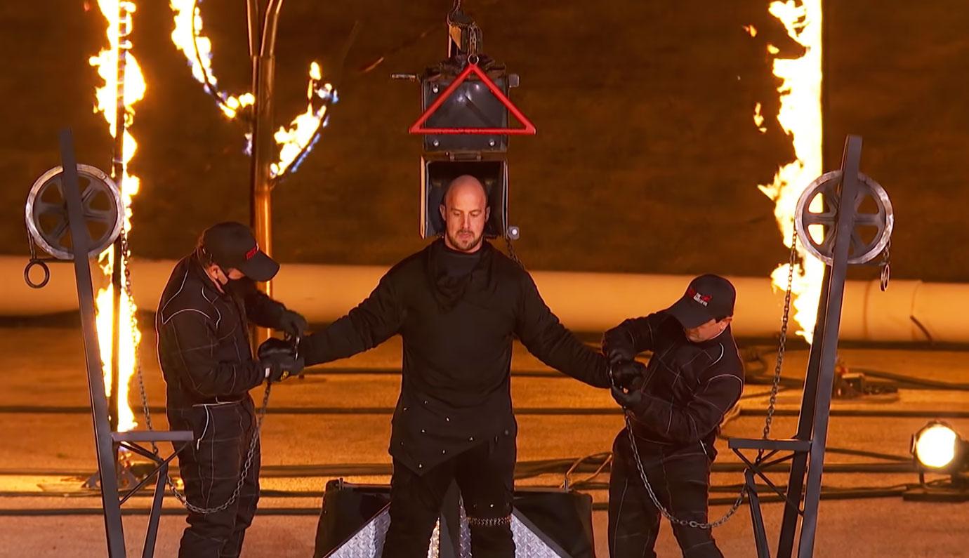 americas got talent extreme stuntman rushed to surgery crushed between flaming cars ok