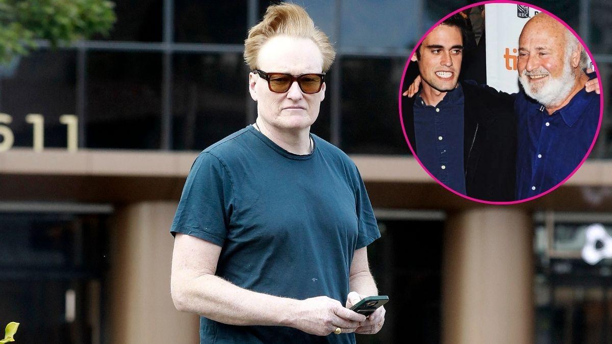 composite photo of conan o'brien and nick reiner with dad rob reiner