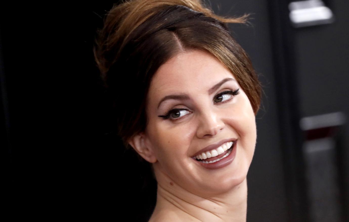 Lana Del Rey dazzled in a glittery grey gown with her hair pulled into an updo.