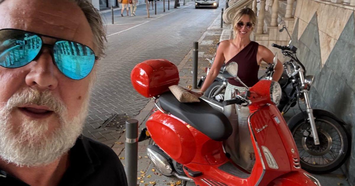 image of The actor and his fiancée, Britney Theriot, zipped around on Vespas during their outing.