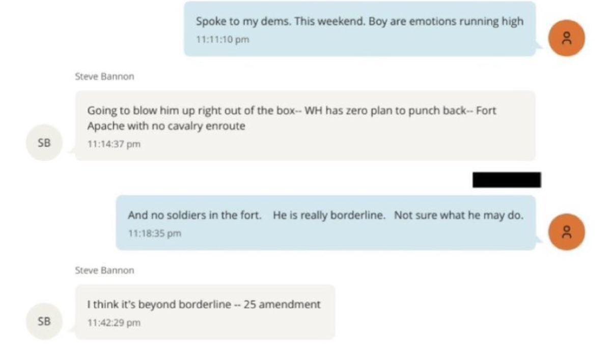 image of 'I think it's beyond borderline — 25 amendment,' Steve Bannon wrote.