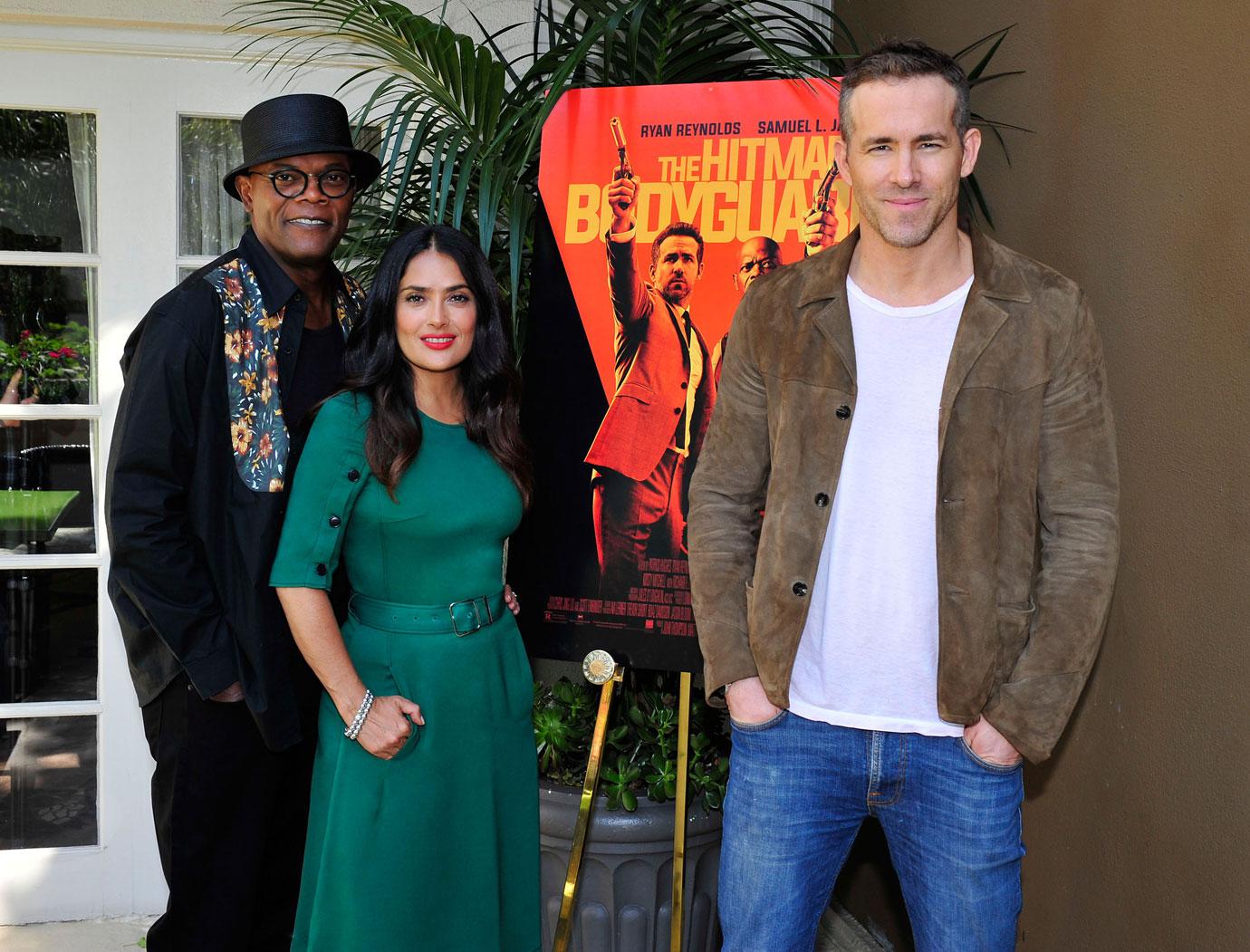 Ryan Reynolds, Salma Hayek and Samuel L. Jackson Promotiong The Hitman`s Bodyguard