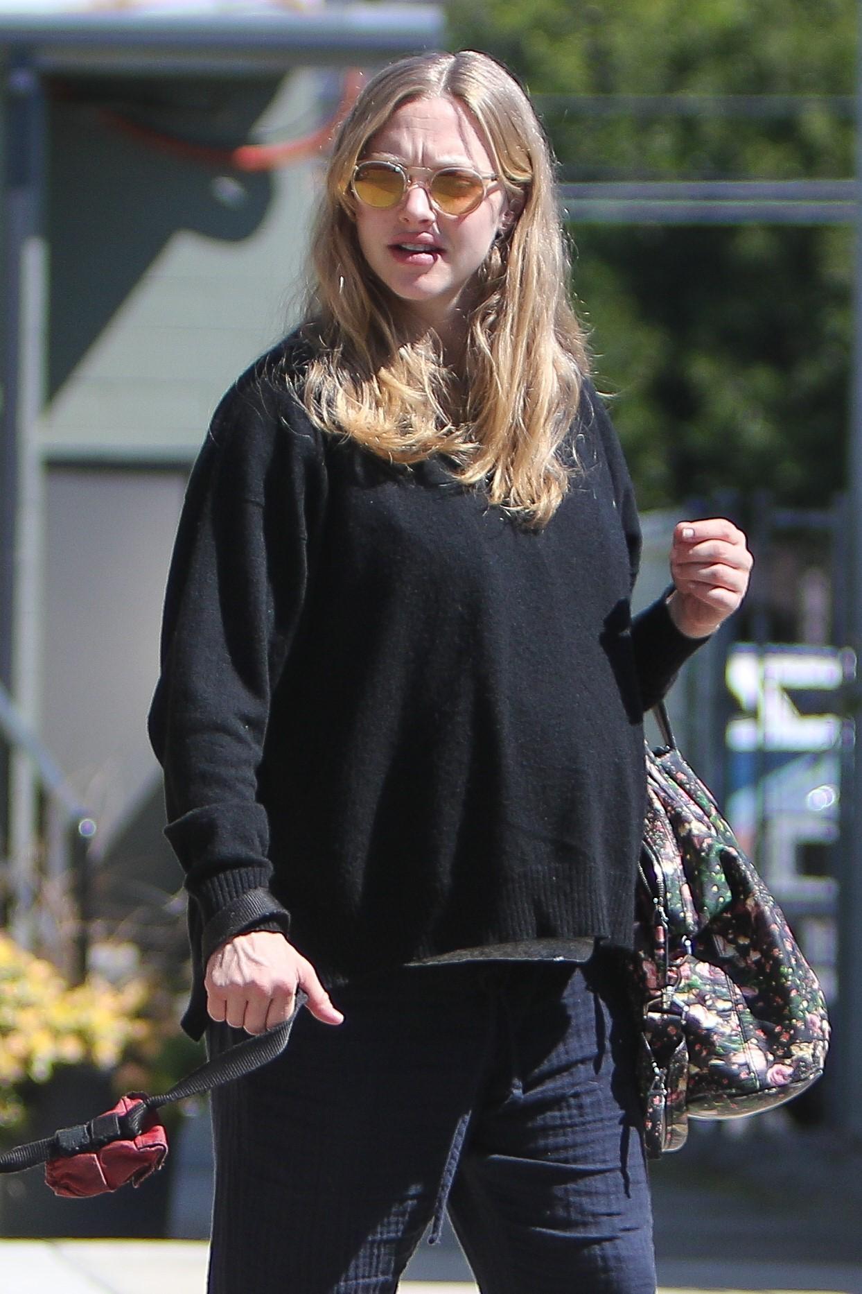 Pregnant Amanda Seyfried takes Finn for a walk with a friend