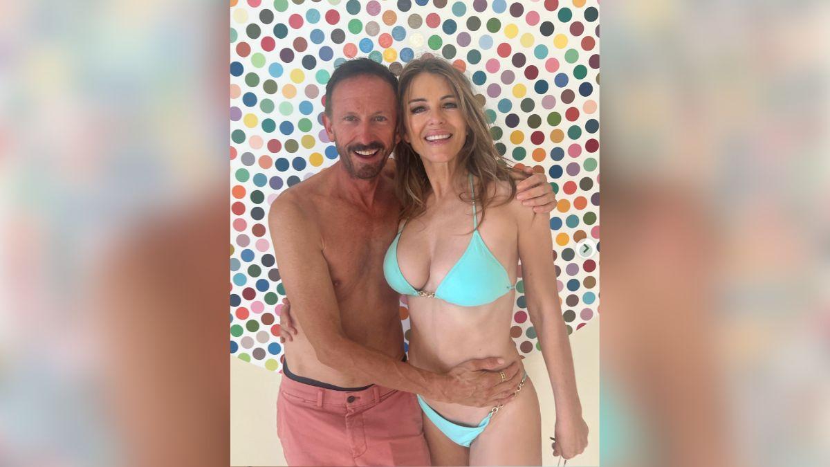 image of Elizabeth Hurley modeled a blue bikini in March 2026.