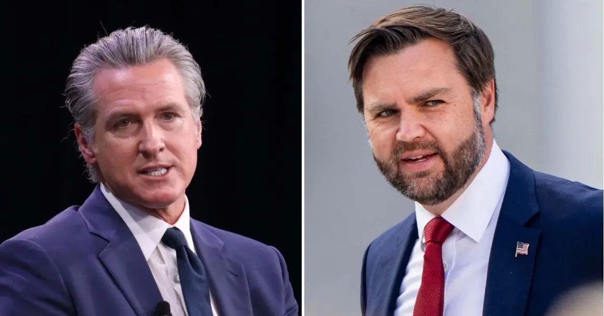 split photo of gavin newsom and j.d. vance