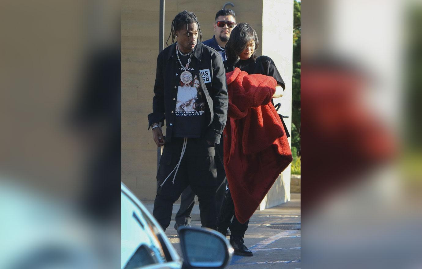 New parents Kylie Jenner and Travis Scott leave after lunch at Nobu