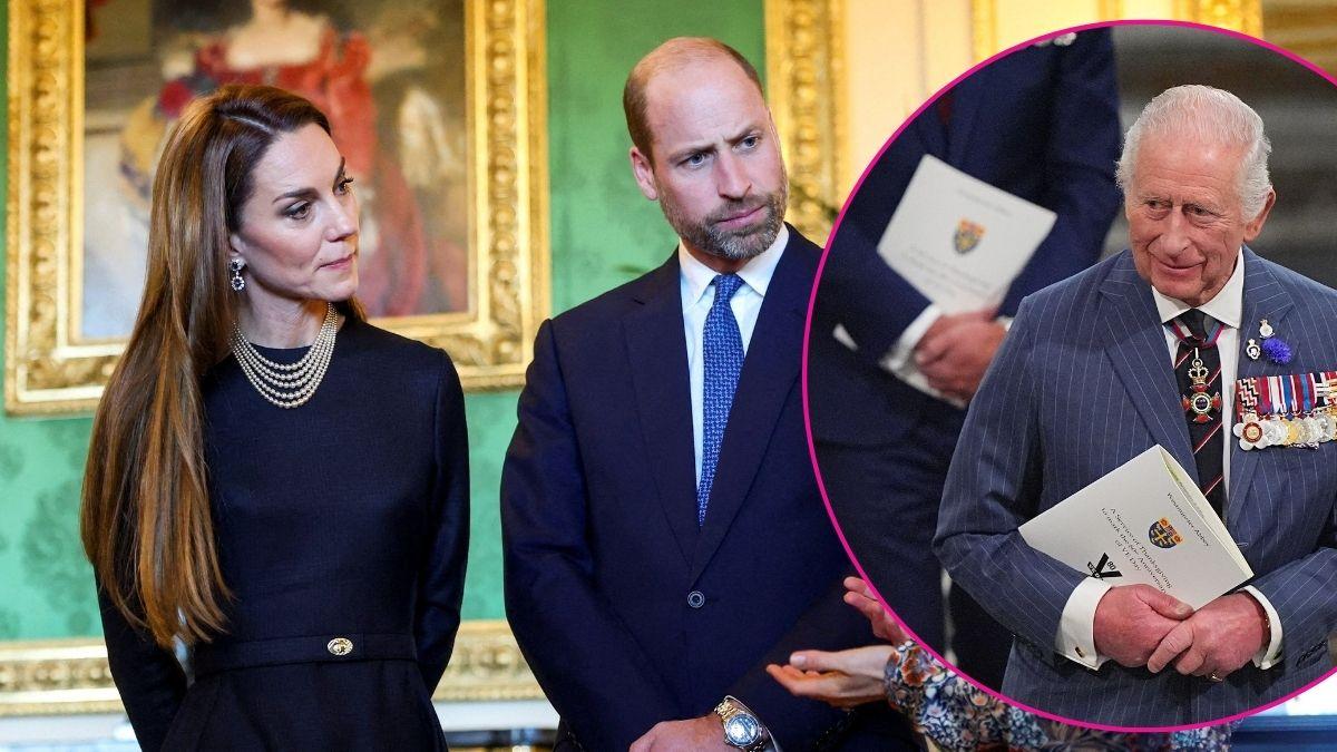 Split photo of Kate Middleton, Prince William and King Charles.