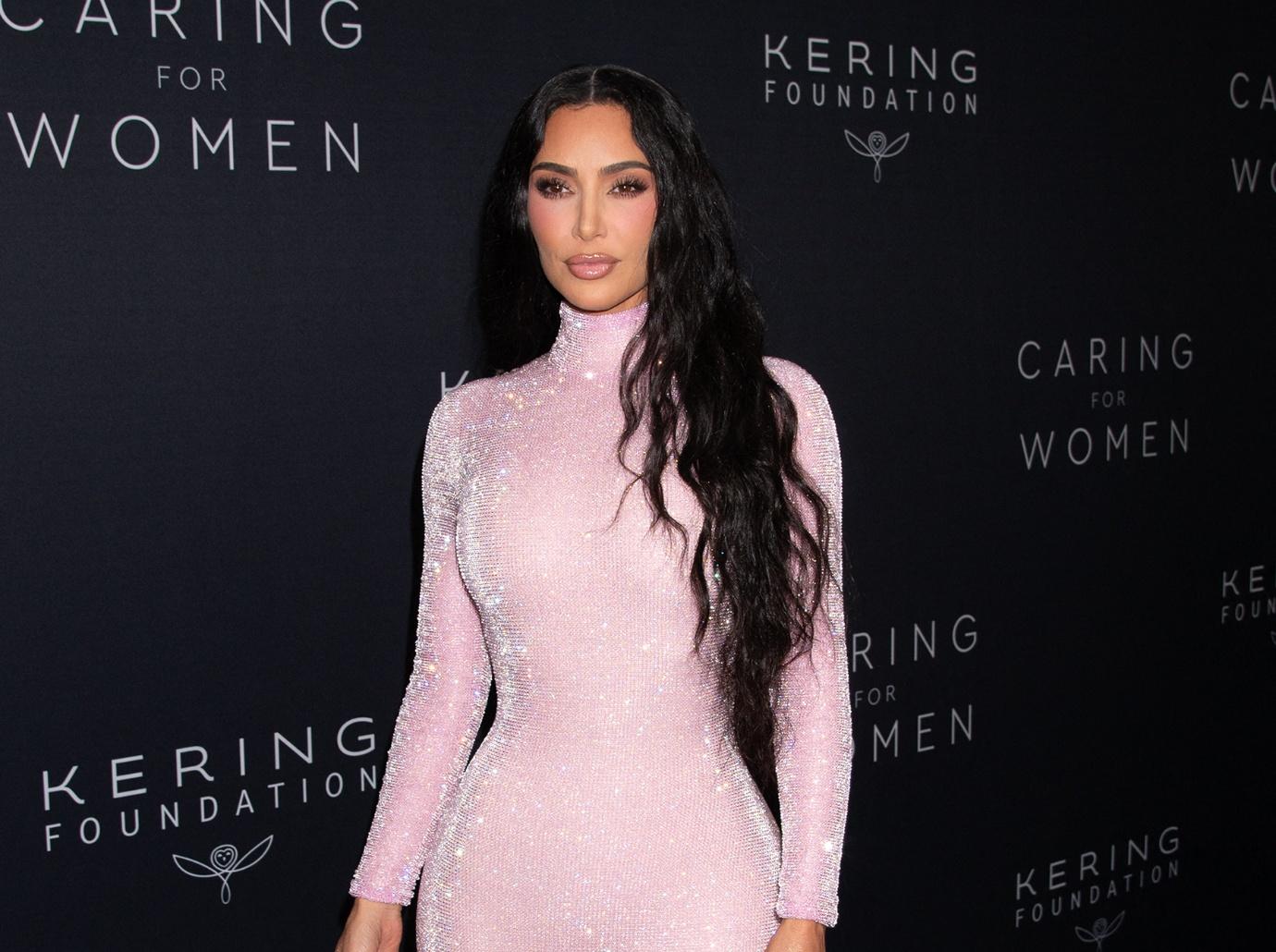 kim kardashian skips vmas attend nyfw glittery pink gown photos