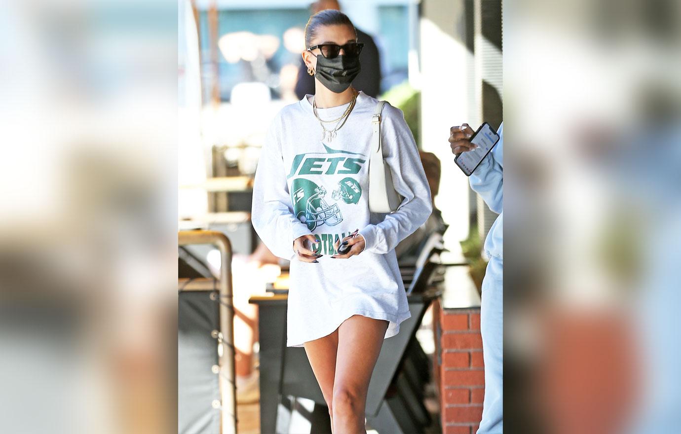 Hailey Bieber Wears NY Jets T-Shirt Dress To Lunch In L. A.