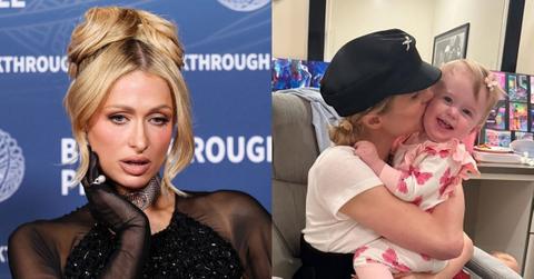 Composite photos of Paris Hilton and daughter, London