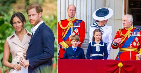 A photo of Meghan Markle with Prince Harry and a picture of Prince William, Kate Middleton and King Charles