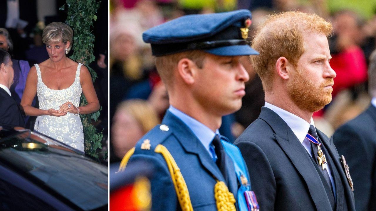 Split photo of Princess Diana and Prince Harry and Prince William