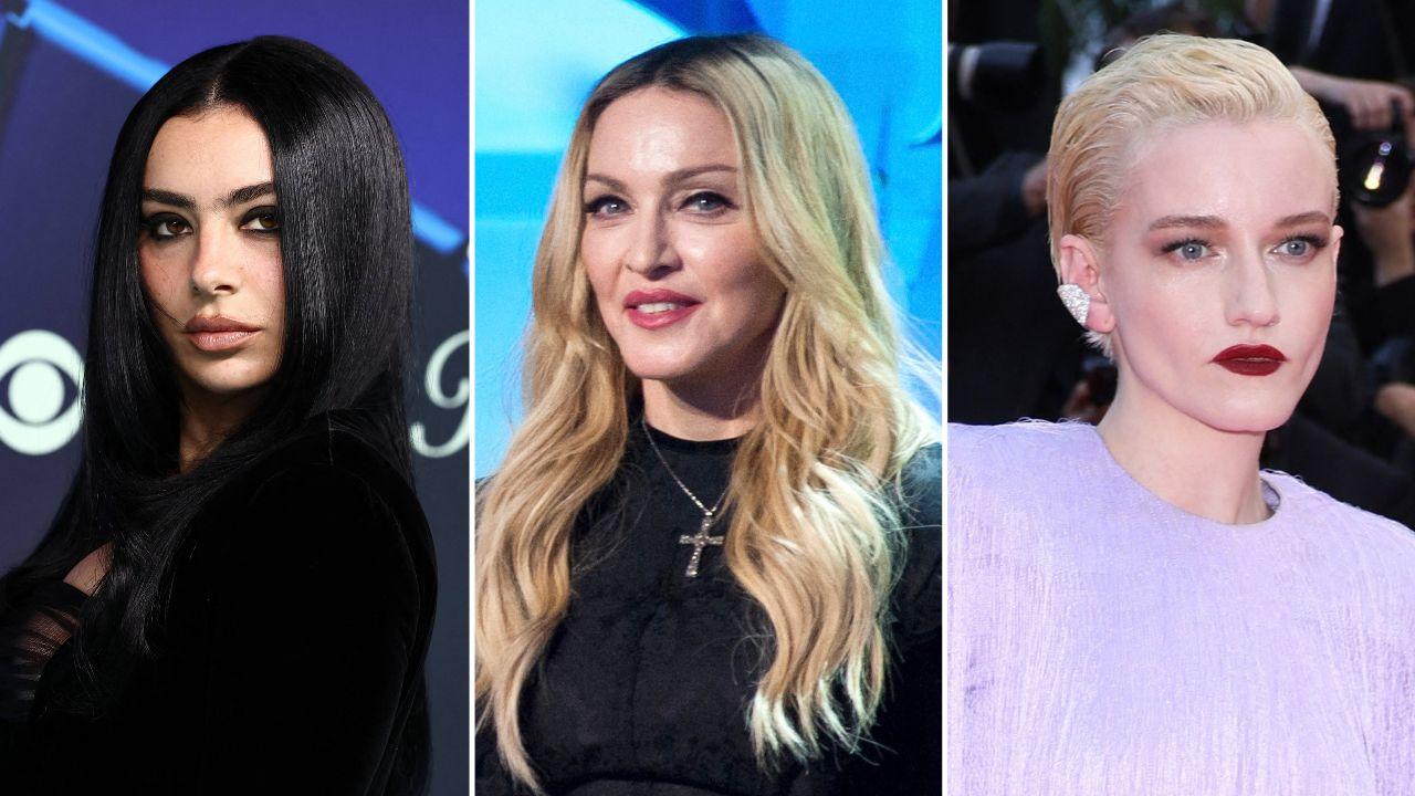 split image of Charli XCX, Madonna, and Julia Garner
