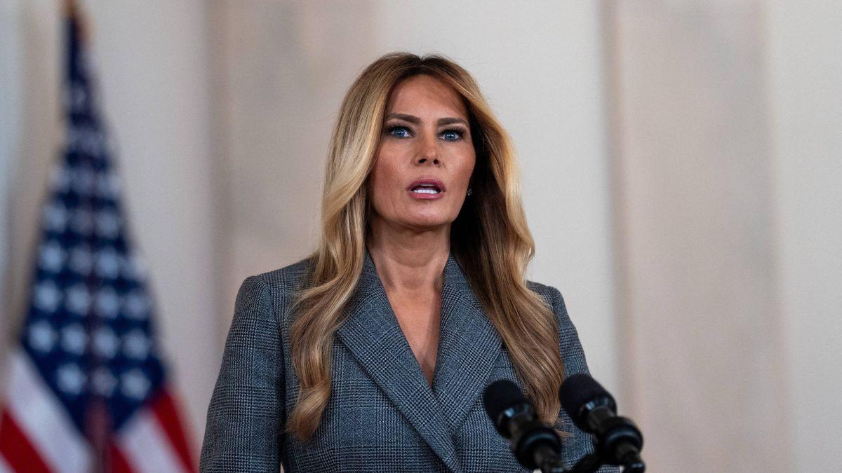 Image of Melania Trump denied involvement with Jeffrey Epstein and Ghislaine Maxwell in a public speech.