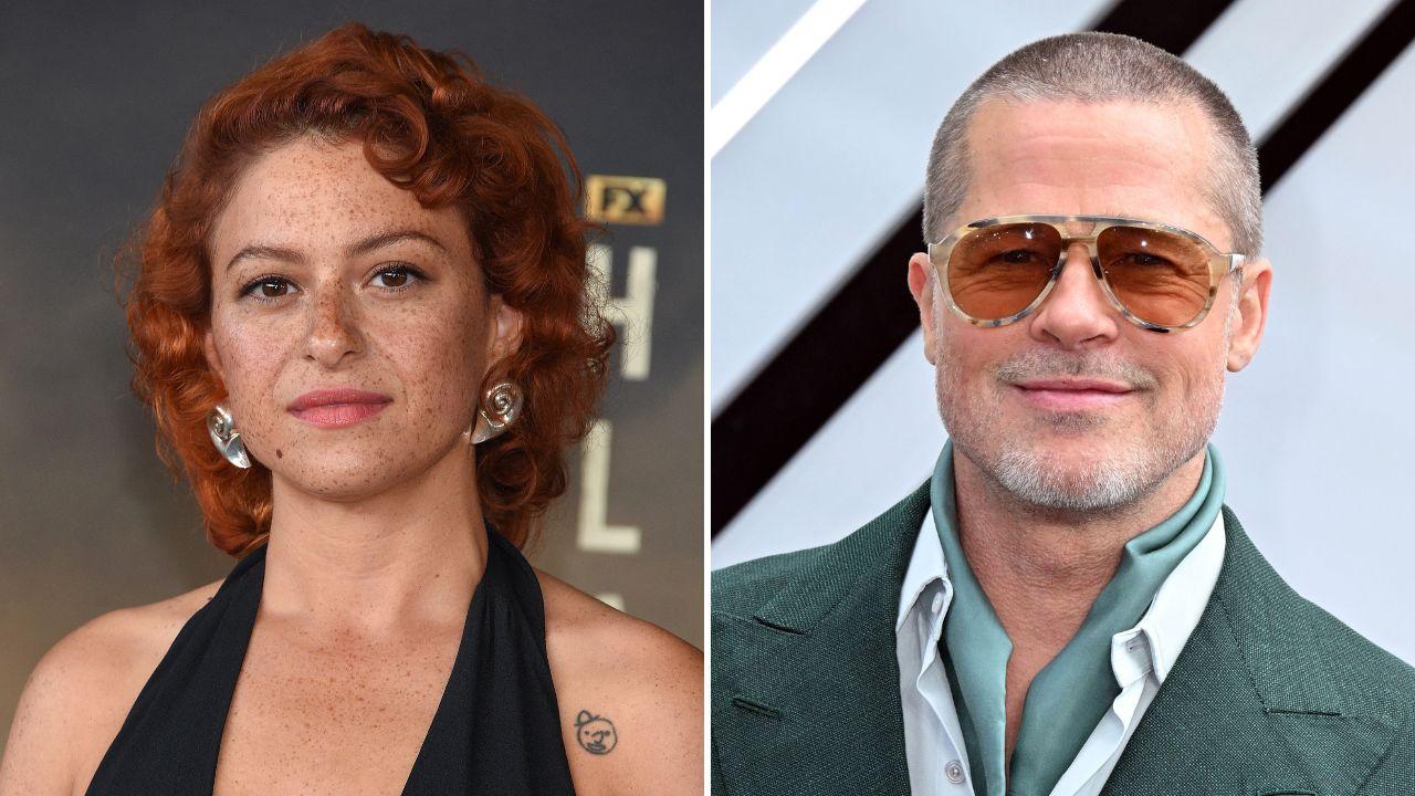 Split photo of Alia Shawkat and Brad Pitt