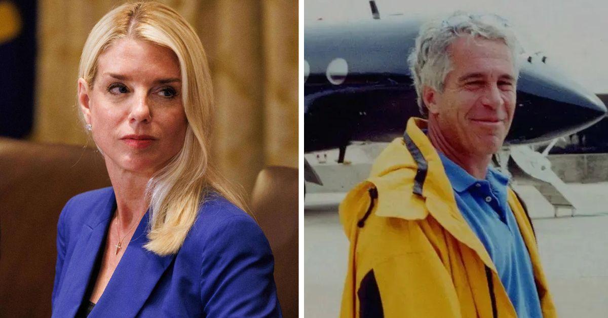 split photo of pam bondi and jeffrey epstein