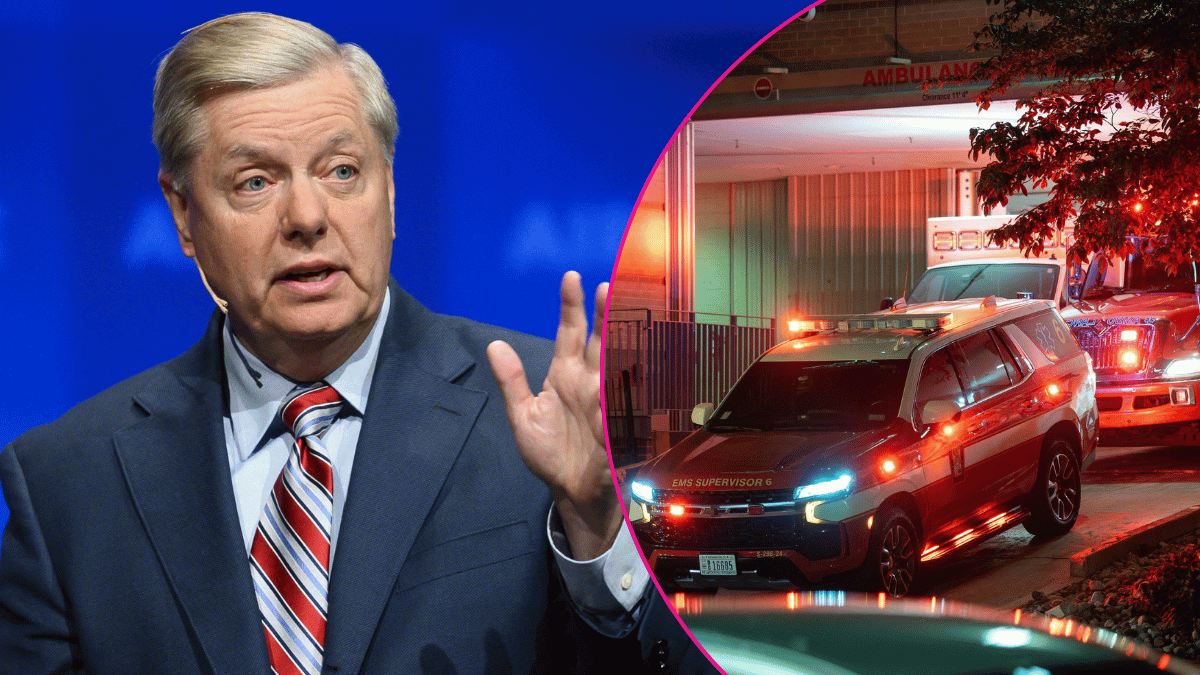 Composite photo of South Carolina Sen. Lindsey Graham and ambulances rushing him to hospital.