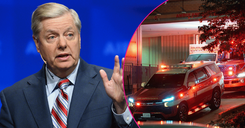 Composite photo of South Carolina Sen. Lindsey Graham and ambulances rushing him to hospital.