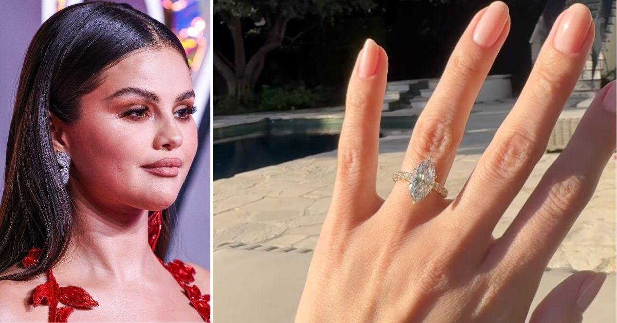 Composite photo of Selena Gomez and her engagement ring. 