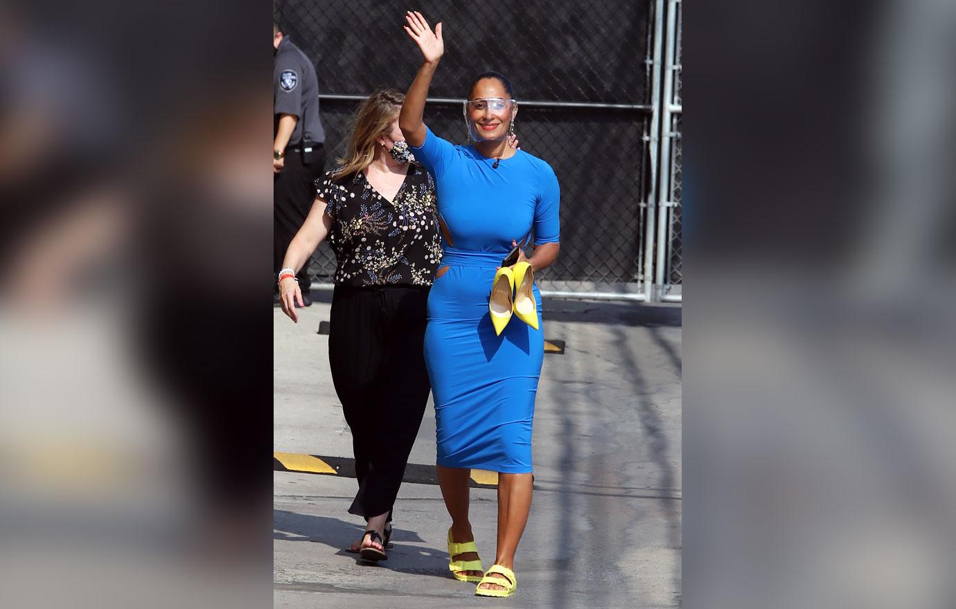 tracee ellis ross blue dress yellow shoes jimmy kimmel show