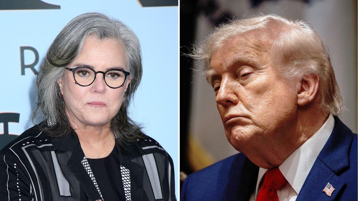 Split photo of Rosie O'Donnell and Donald Trump