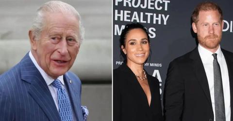 Split photo of King Charles III & Meghan Markle & Prince Harry