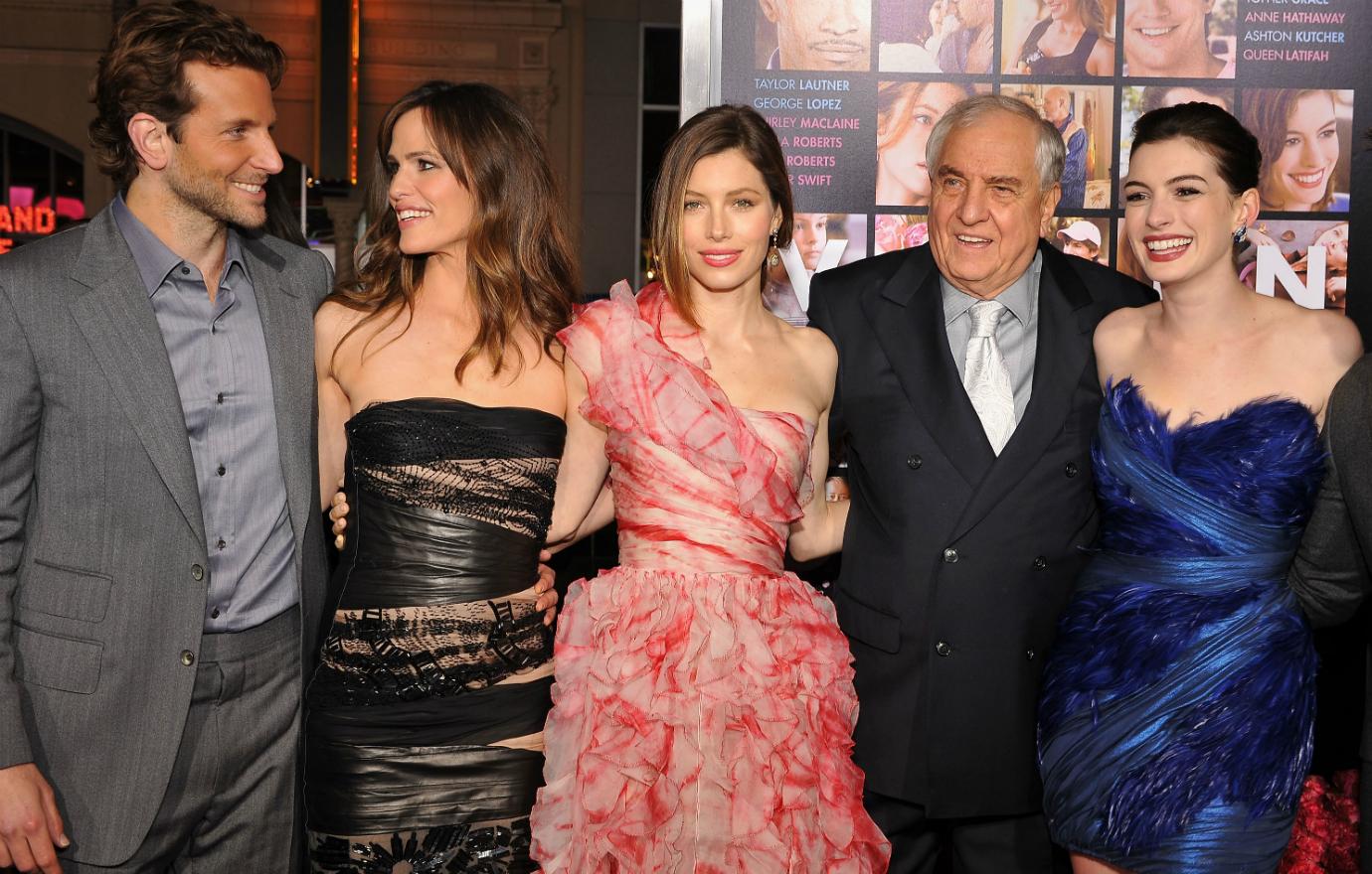 Bradley Cooper, actresses Jennifer Garner, Jessica Biel, Director Garry Marshall and actress Anne Hathaway arrive at the "Valentine's Day" Los Angeles Premiere at Grauman's Chinese Theatre on February 8, 2010 in Hollywood, California.