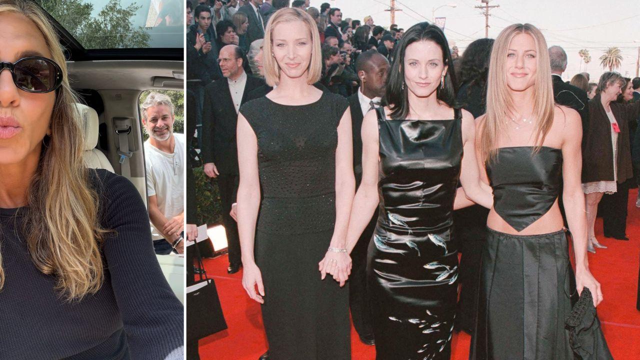 Split photo of Jennifer Aniston, Jim Curtis, Courteney Cox and Lisa Kudrow