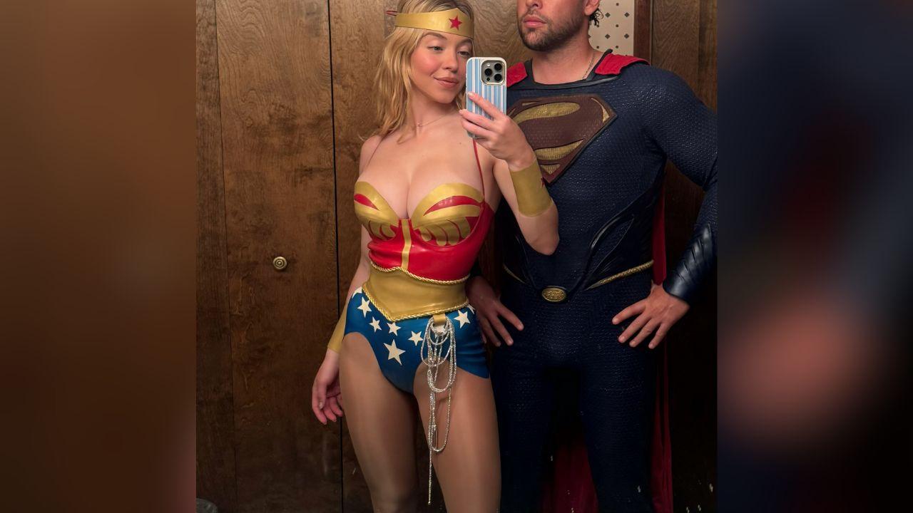 image of Sydney Sweeney recently dressed as Wonder Woman alongside boyfriend Scooter Braun, who wore a Superman costume.