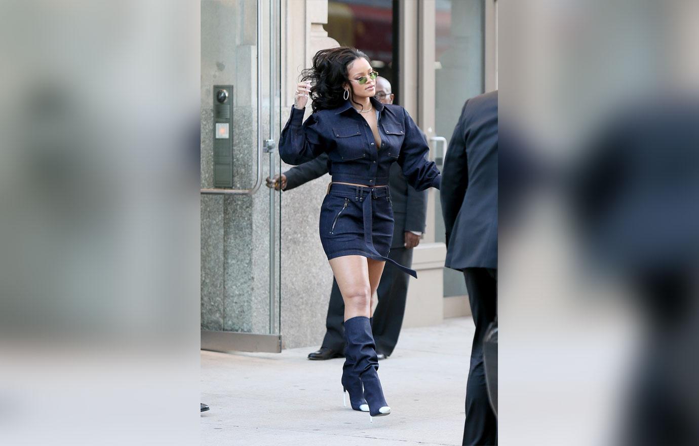 Rihanna departs her apartment in denim for her Fenty Galaxy launch