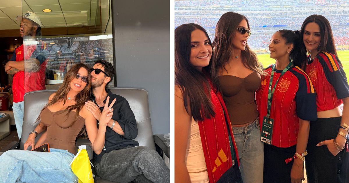 image of Sofía Vergara celebrated Spain's championship victory by posing with friends in Spain jerseys.