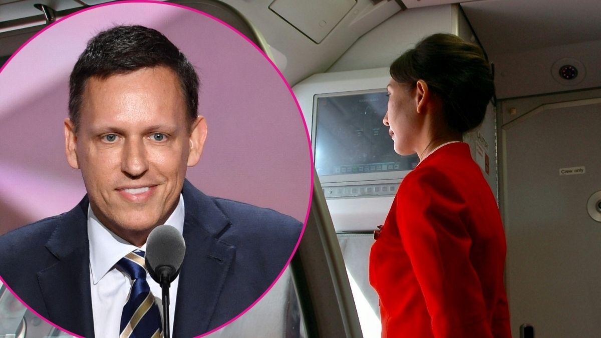 Composite photo of Peter Thiel and a flight attendant.