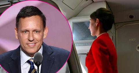 Composite photo of Peter Thiel and a flight attendant.