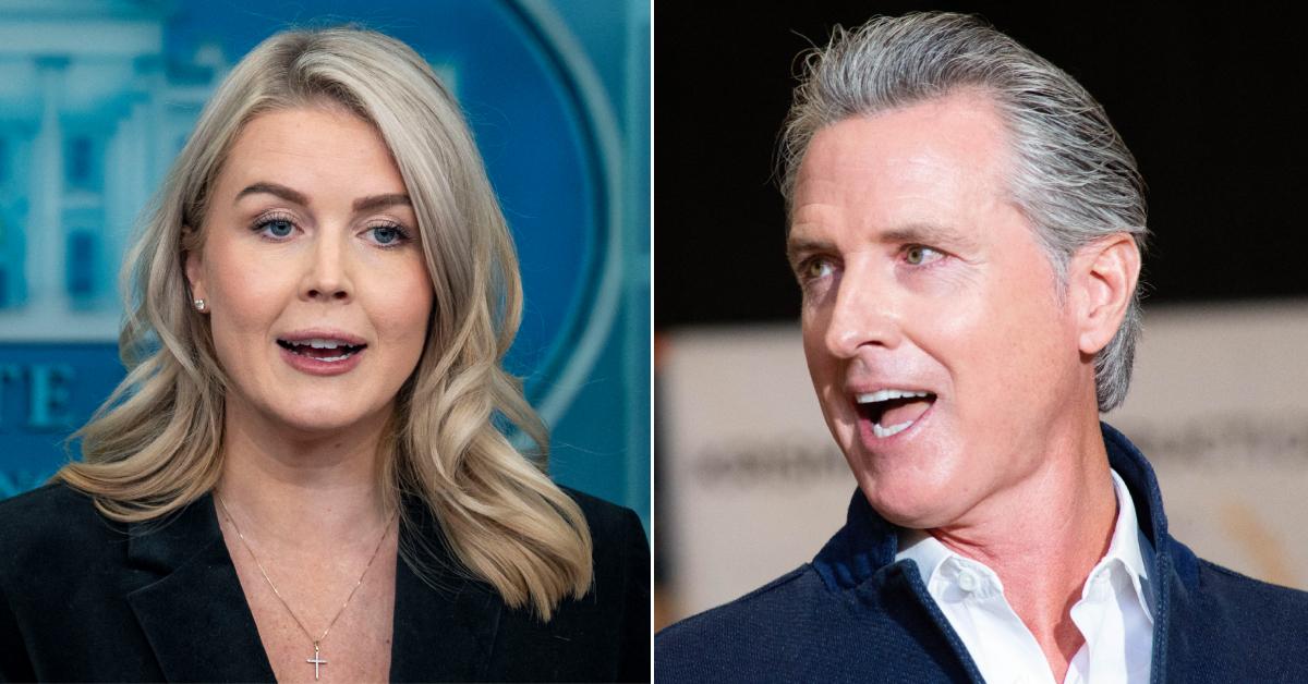 Split photo of Karoline Leavitt and Gavin Newsom.