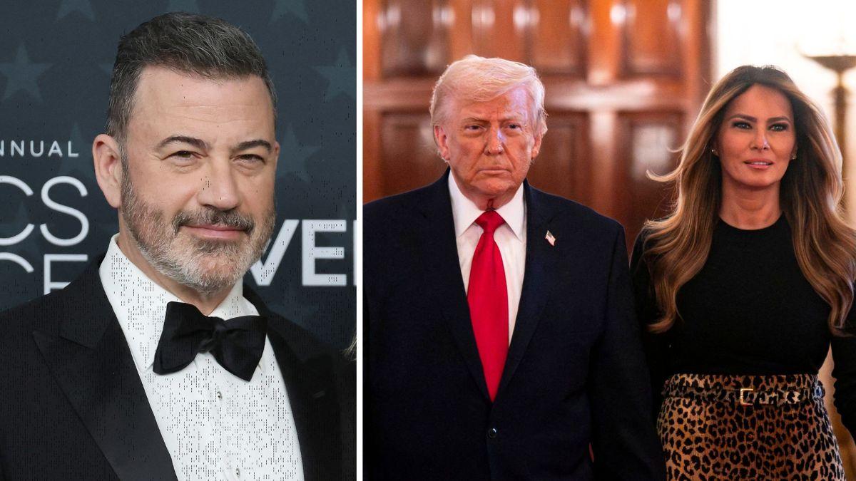split photo of jimmy kimmel and donald and melania trump