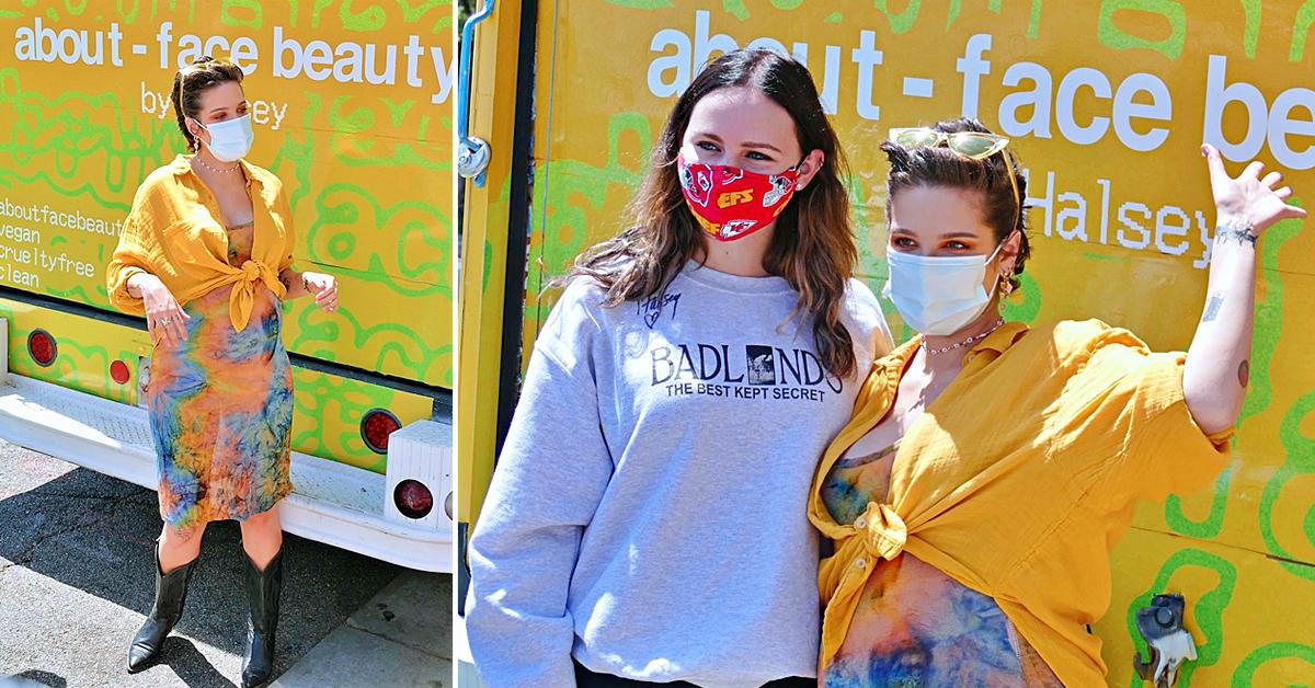 pregnant halsey greets fans at her about face beauty pop up