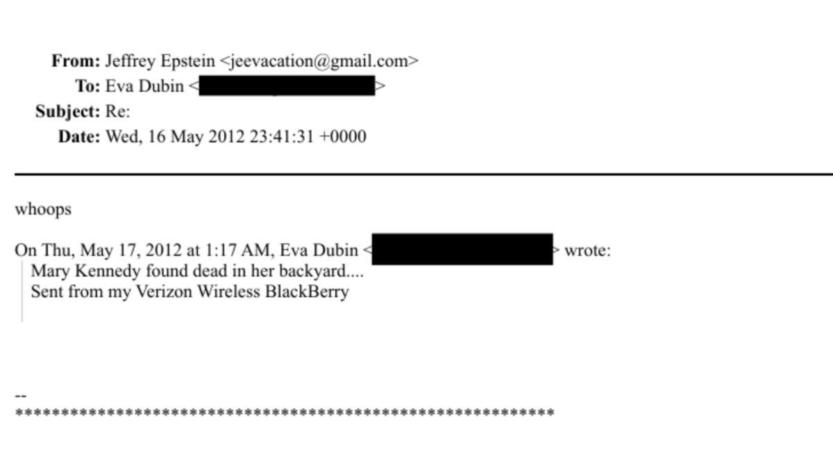 Photo of Jeffrey Epstein replied 'whoops' when he was informed of Mary Kennedy's suicide.