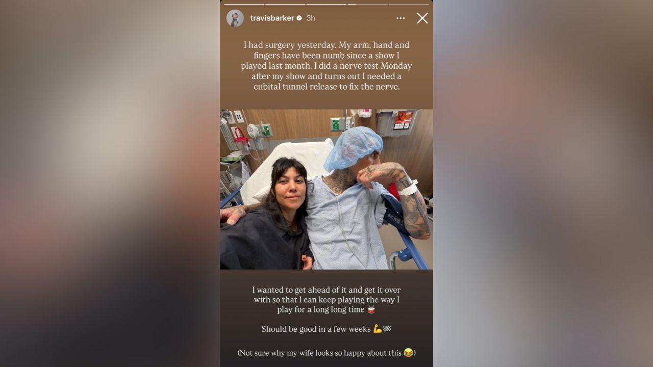 image of Travis Barker underwent surgery after experiencing numbness in his arm, hand and fingers following a show last month.