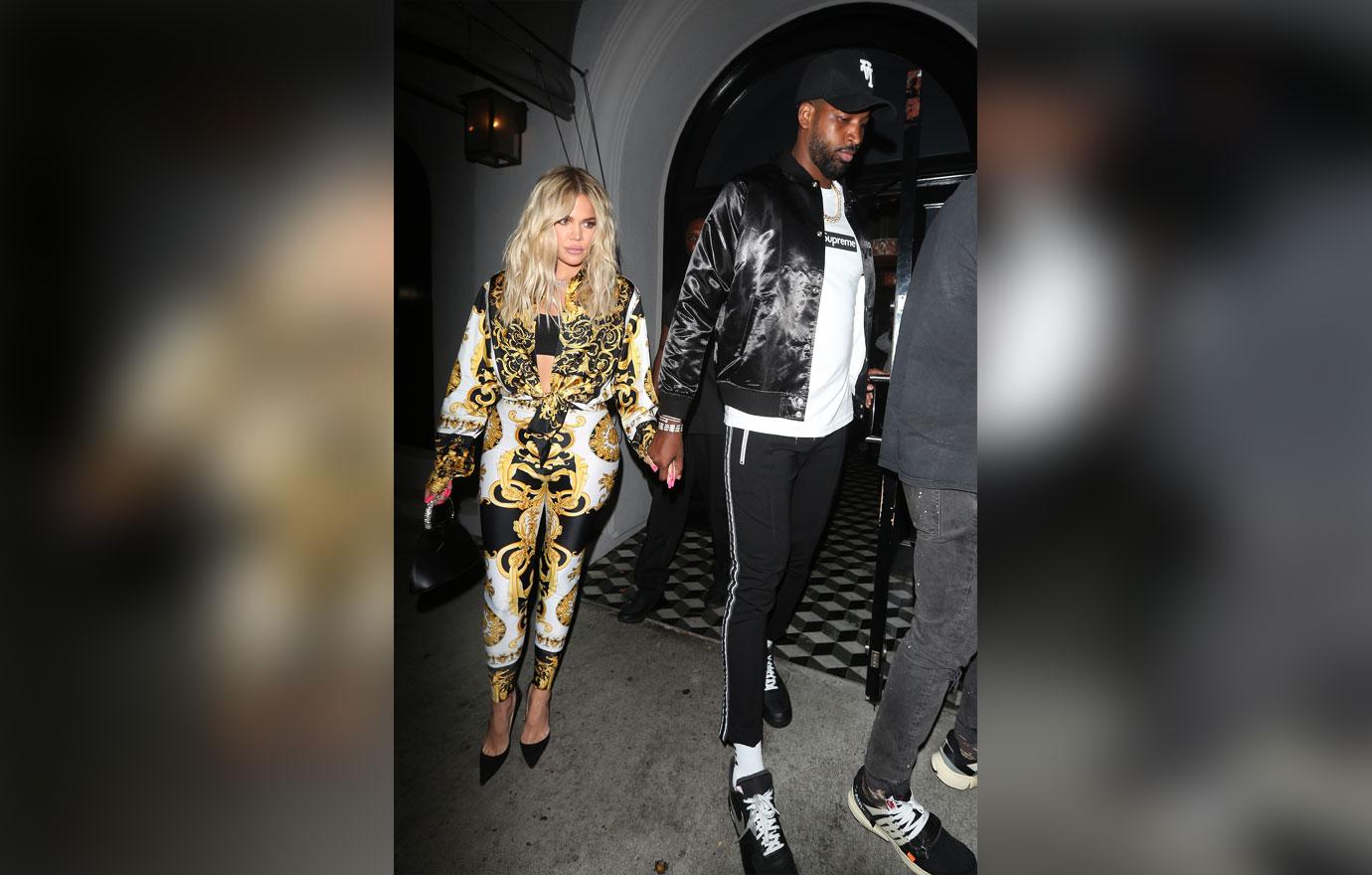 Khloé Kardashian looks stunning in a Versace outfit as she  and Tristan Thompson leave Craig&#8217;s Restaurant after having dinner