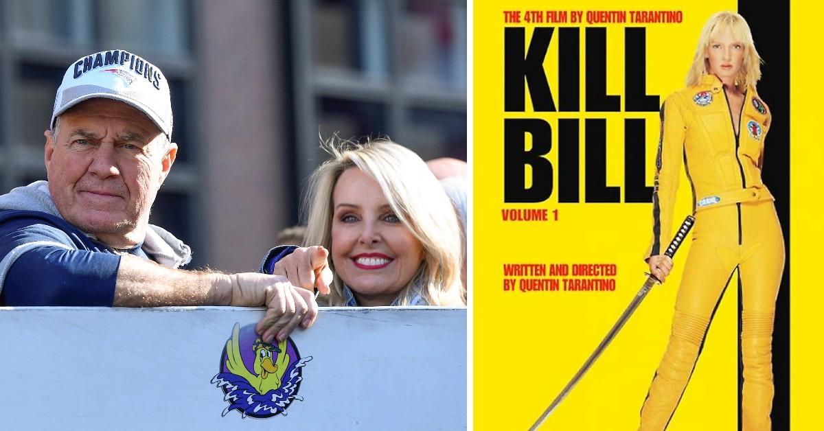 Split Photo of Bill Belichick, Linda Holliday and Kill Bill poster.