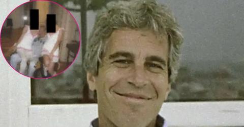 composite photo of jeffrey epstein and two trafficking victims sitting on his lap