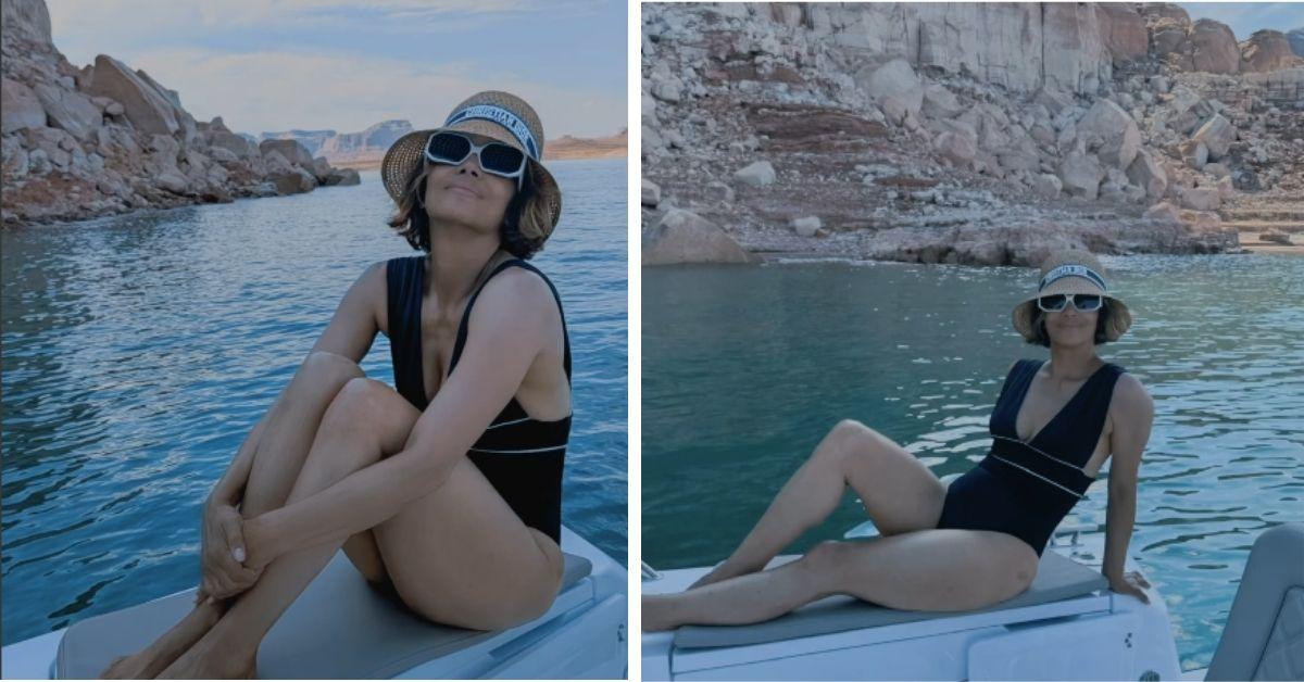 image of The actress stunned in a black swimsuit and a white bikini during their yacht outing.